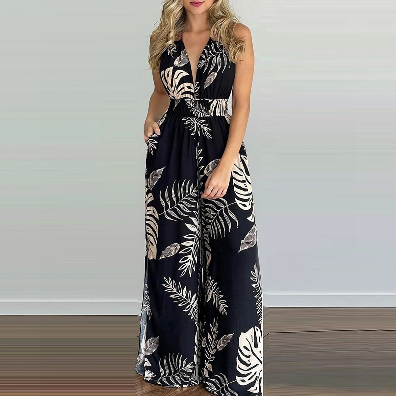 deanwangkt Sexy Off Shoulder Spaghetti Strap Jumpsuit Woman Flower Print Backless Long Wide Leg Jumpsuits For Women One Piece Rompers - Deanwangkt