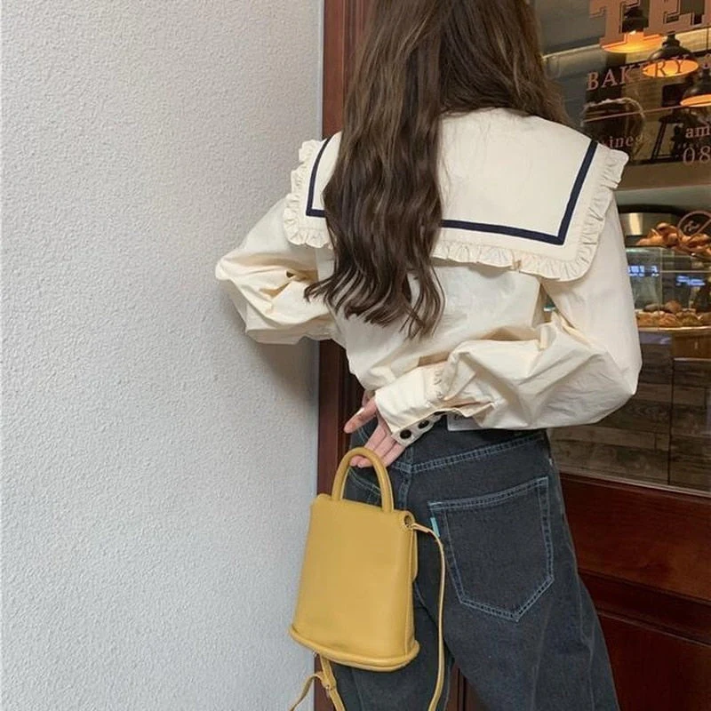 deanwangkt Shirts Womens Spring Autumn Elegant Ruffles Sailor Collar Casual Blouses Ladies Kawaii Korean Style Harajuku Female Tops Trendy - Deanwangkt
