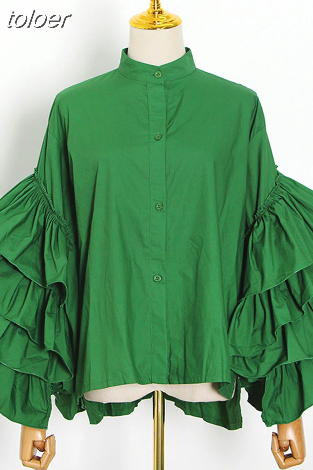 deanwangkt Loose Solid Shirt For Women Stand Collar Lantern Sleeve Patchwork Ruffle Single Breasted Chic Blouse Female  Spring - Deanwangkt