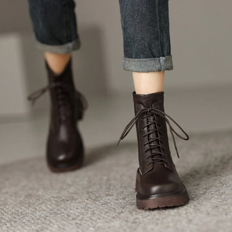 deanwangkt Autumn Boots     NEW Fall Shoes Women Stretch Fabric Split Leather Boots Round Toe Chunky Heel Boots for Women Platform Boots Women Modern Boots - Deanwangkt