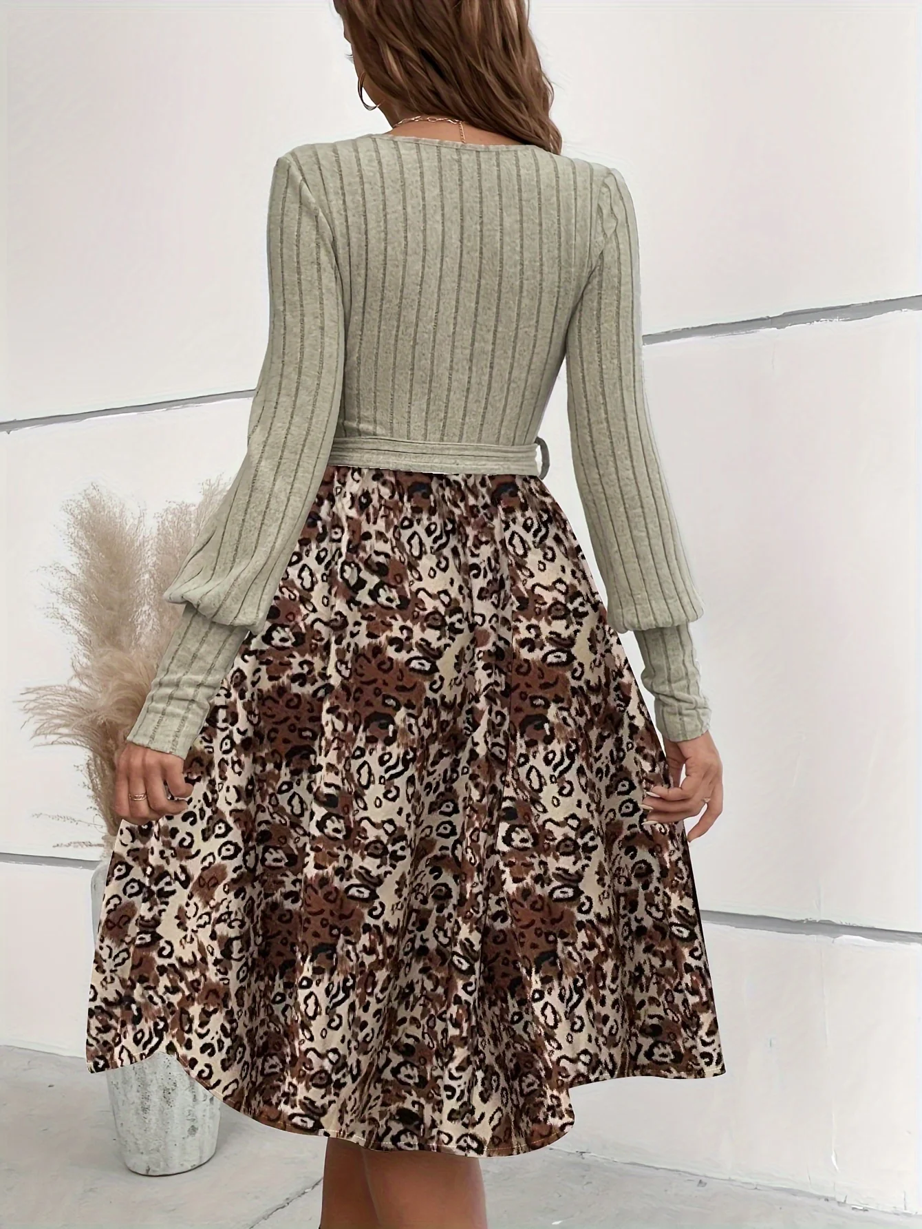 Leopard Print Splicing Dress, Elegant Crew Neck Long Sleeve Dress, Women's Clothing - Deanwangkt