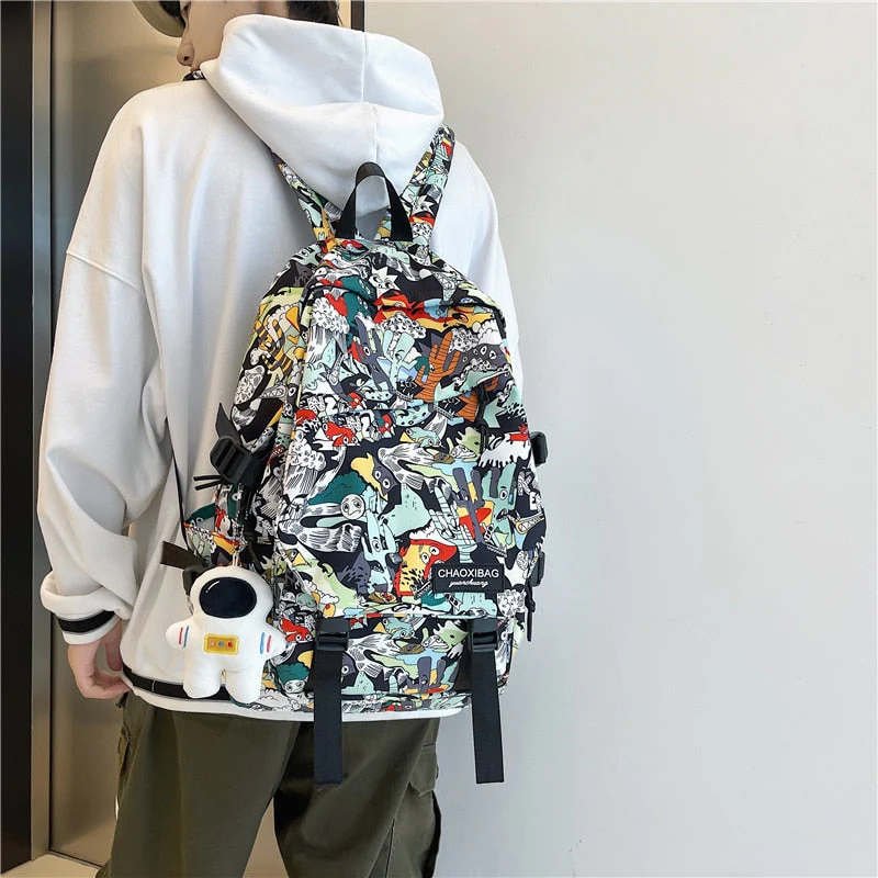 deanwangkt Harajuku Girl Male School Bag Female Graffiti Print Men Backpack Women Book Boy Bag Nylon Ladies Fashion Laptop Backpack Student - Deanwangkt
