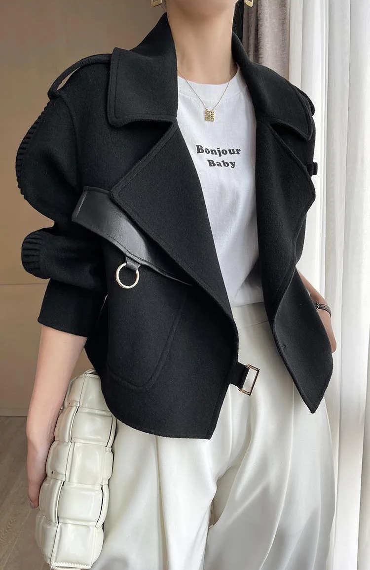 deanwangkt Women's Autumn Coat  Pockets Solid Loose Short Jackets Ladies Wool & Blends High Street Spring Woolen Coats for Women - Deanwangkt