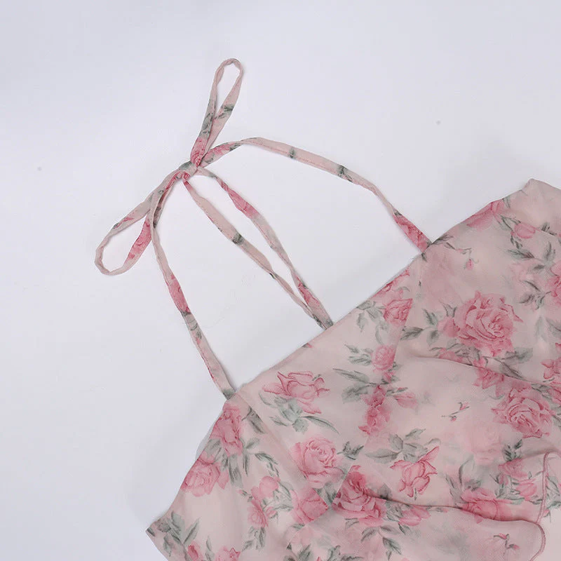 deanwangkt  Floral Print Spaghetti Strap Dresses Mini Women Sexy Backless Halter Neck Spring Summer Ruffle Casual Beach Dress - Deanwangkt