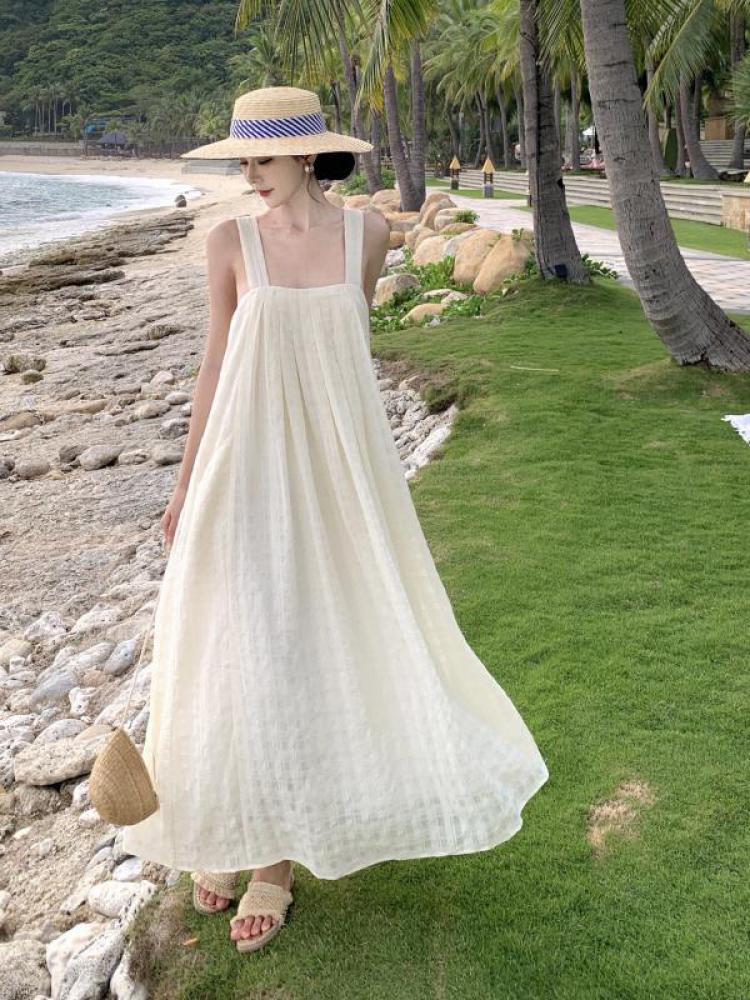 deanwangkt Summer Midi Apricot Slim Square Collar Sleeveless Bandage Slip Dress For Women Elegant Pleated High Waist A-line Party Dresses - Deanwangkt