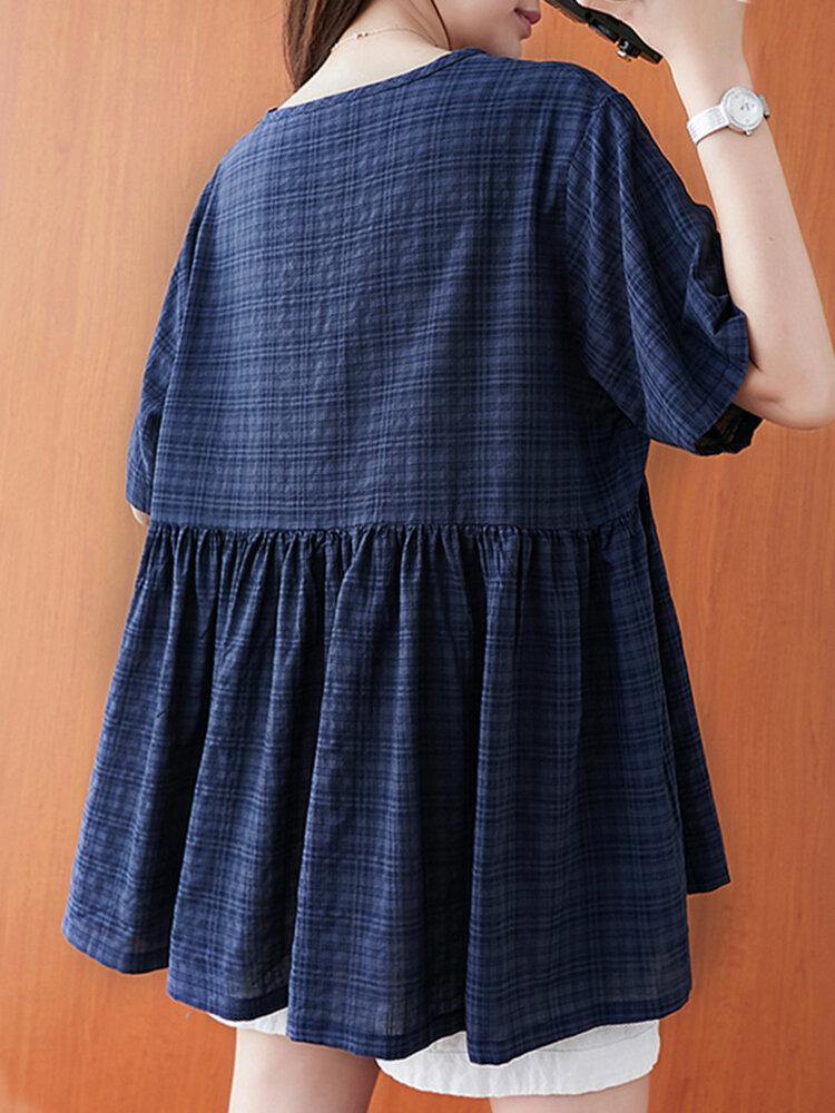 deanwangkt Plaid Pleating Loose Casual Summer Blouse For Women - Deanwangkt