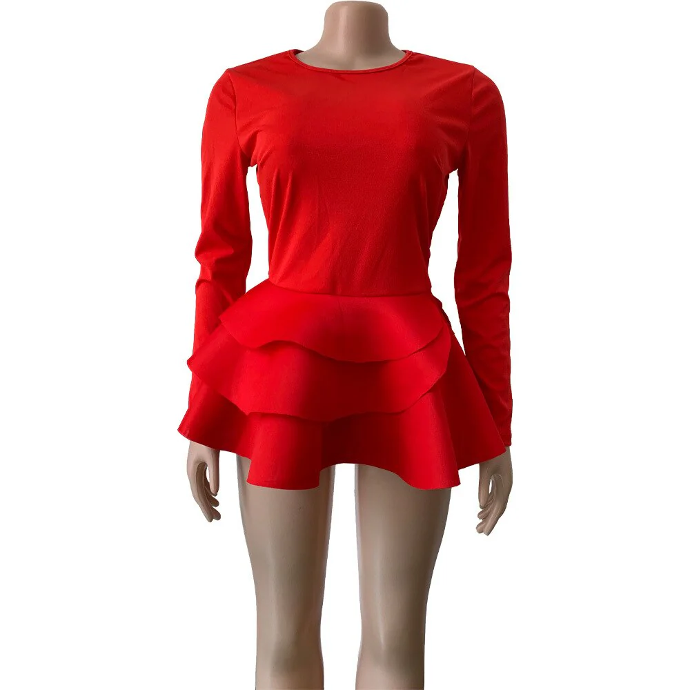 Wenkouban Long Sleeve White Ruffle Hem T-Shirt Autumn Women Tops Office Lady Winter Casual Peplum Tops Elegant Black Red Female New Tees - Deanwangkt