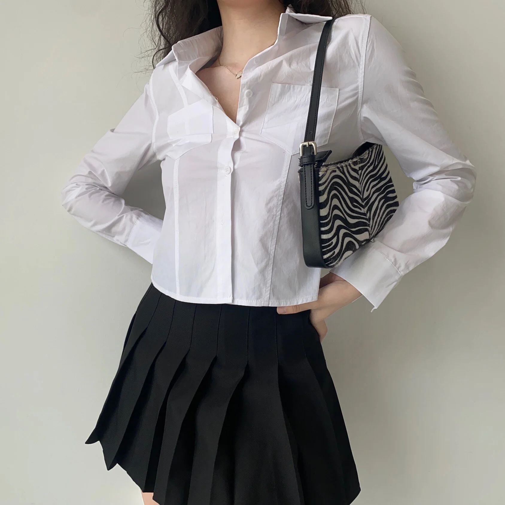 deanwangkt Korean Fashion White Shirts Double Pocket Long Sleeve Solid Shirt Women Japanese Preppy Style Blouse Lapel Collar Tops - Deanwangkt