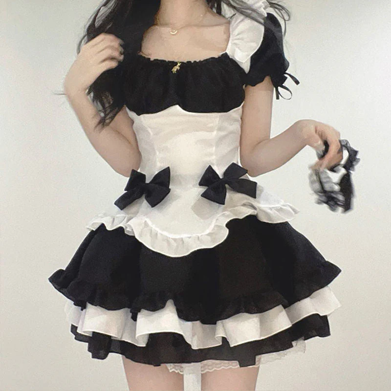 deanwangkt Lolita Dress Black White Kawaii Maid Mini Dresses Summer French Cute Bowknot Cosplay Costume Waitress Party Outfits - Deanwangkt