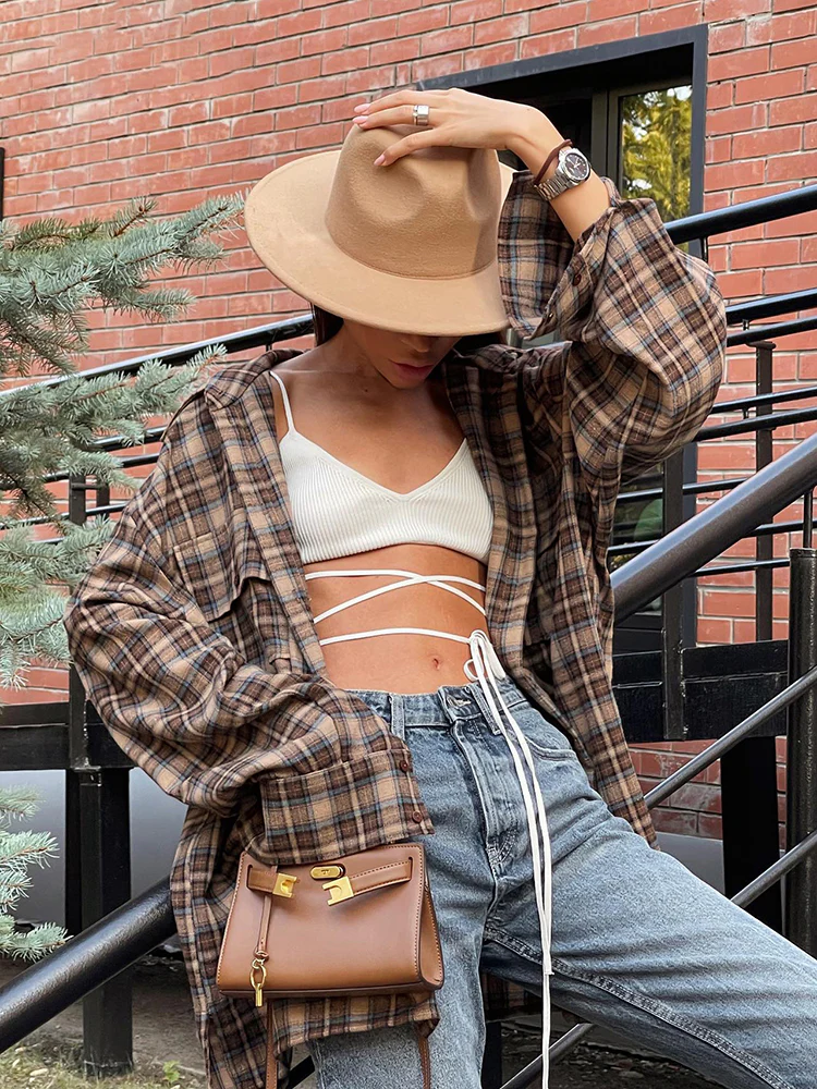 deanwangkt Oversized Plaid Womens Shirts Vintage  Loose Print Top And Blouse Spring Fashionable Button Long Shirts Gingham - Deanwangkt