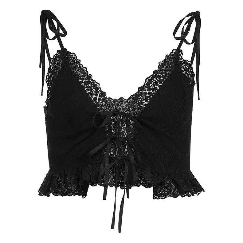 deanwangkt Frill Lace Sexy Crop Tops Tees Women Front Tie Sleeveless Cami Top Summer White V Neck Spaghetti Strap Top Party Club - Deanwangkt