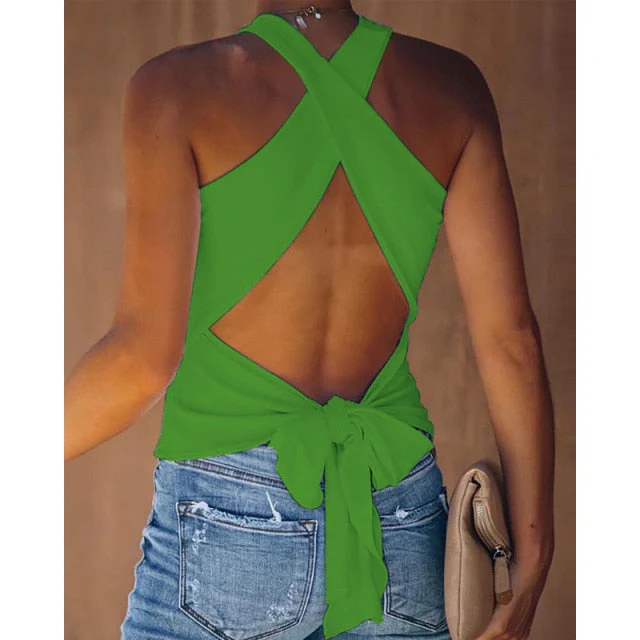 deanwangkt Summer Women Tank Top Casual Sleeveless Vest Tops Open Back Knotted Design Top Backless Bowknot Design Sexy Top Tank Tops - Deanwangkt