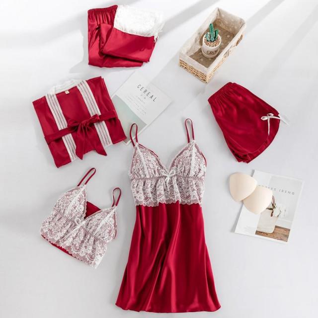 deanwangkt Women Robe Set Satin Sleepwear Lace Kimono Bathrobe Gown Sexy Nightwear Home Clothes Silky Bride Bridesmaid Dressing - Deanwangkt