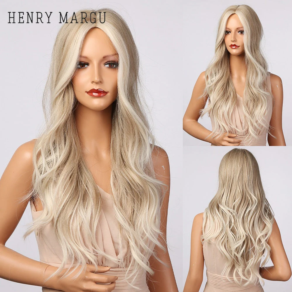 Long Ombre Brown Light Ash Platinum Blonde Wavy Wigs Cosplay Party Synthetic Wig for Women High Temperature Fibre - Deanwangkt