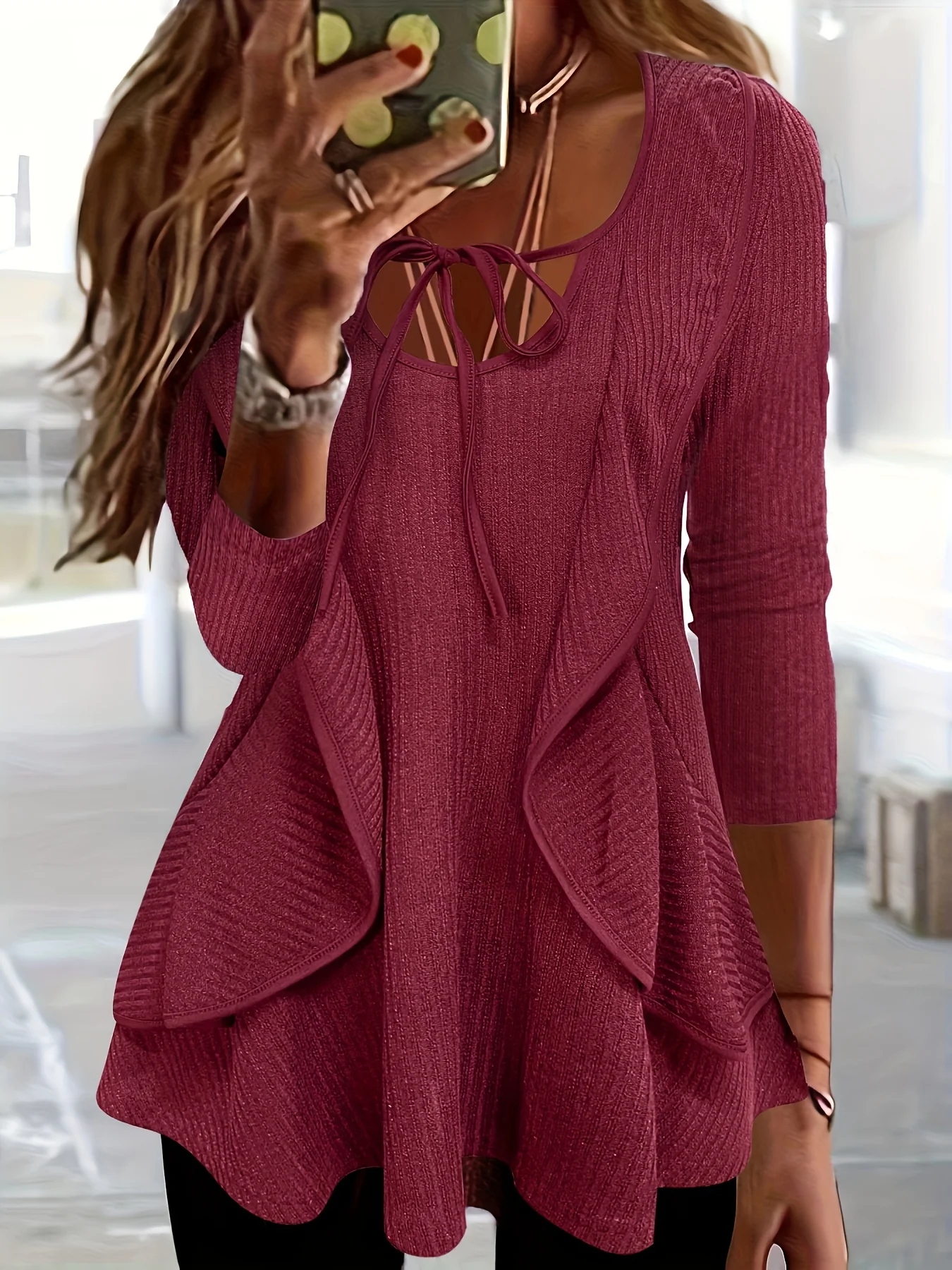 deanwangkt-1 Tie Front Ruffle Trim T-Shirt, Casual Long Sleeve Top For Spring & Fall, Women's Clothing - Deanwangkt