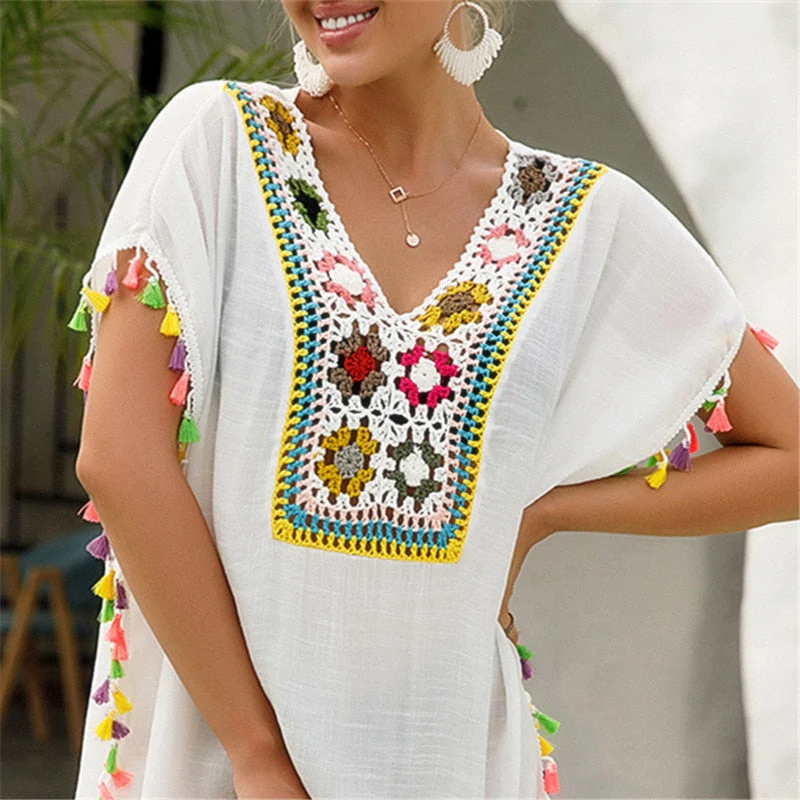 deanwangkt  Tassel Beach Cover Up Dress Woman Summer  Pareo Bathing Suit Cover Ups White Crochet Swim Coverup Female Tunics Cover-up - Deanwangkt