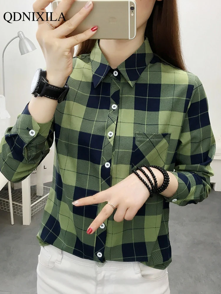 deanwangkt Spring Plaid Printed Wmen's Shirt Korean Fashion Inside Top Cardigan Oversized Long-sleeved Blouses Woman Shirts Button Up - Deanwangkt