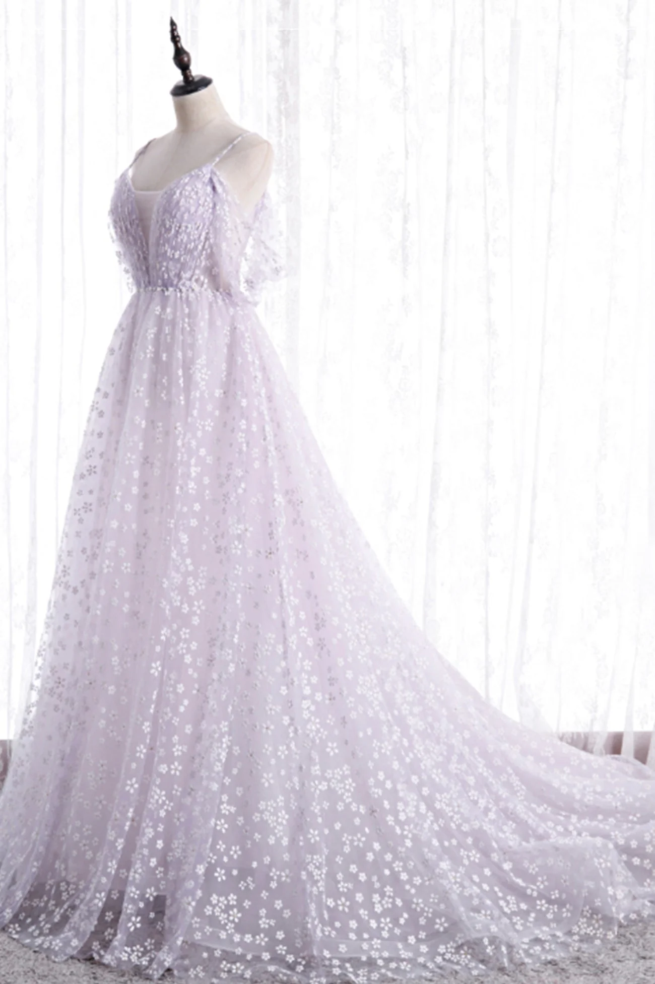 solvbao Lovely V-Neck Floral Tulle Long Prom Dress, Lavender A Line Evening Party Dress - Deanwangkt