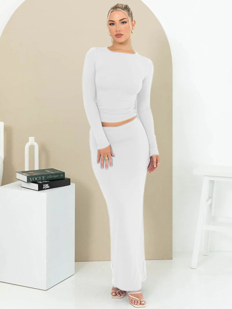 BACK TO COLLEGE  Casual O-neck Long Sleeve T-shirt High Waist Long Skirts Two Pieces Set Streetwear Female Solid Office Work Black Dress Set - Deanwangkt