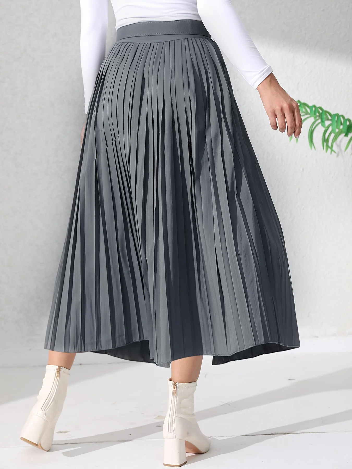 Solid Pleated Skirt, Casual Midi Skirt For Spring & Summer, Women's Clothing - Deanwangkt