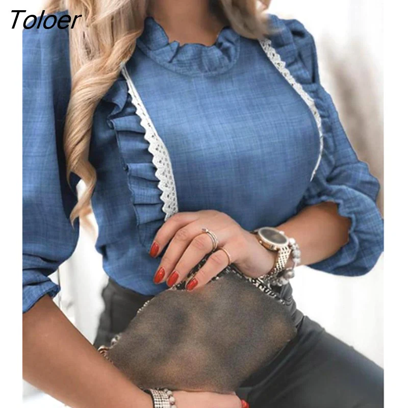 deanwangkt Women's Shirts Lace Ruffles Blouse Elegant Long Lantern Sleeve Shirt Female Top Winter Autumn Office Casual Fashion Ladies Tops - Deanwangkt