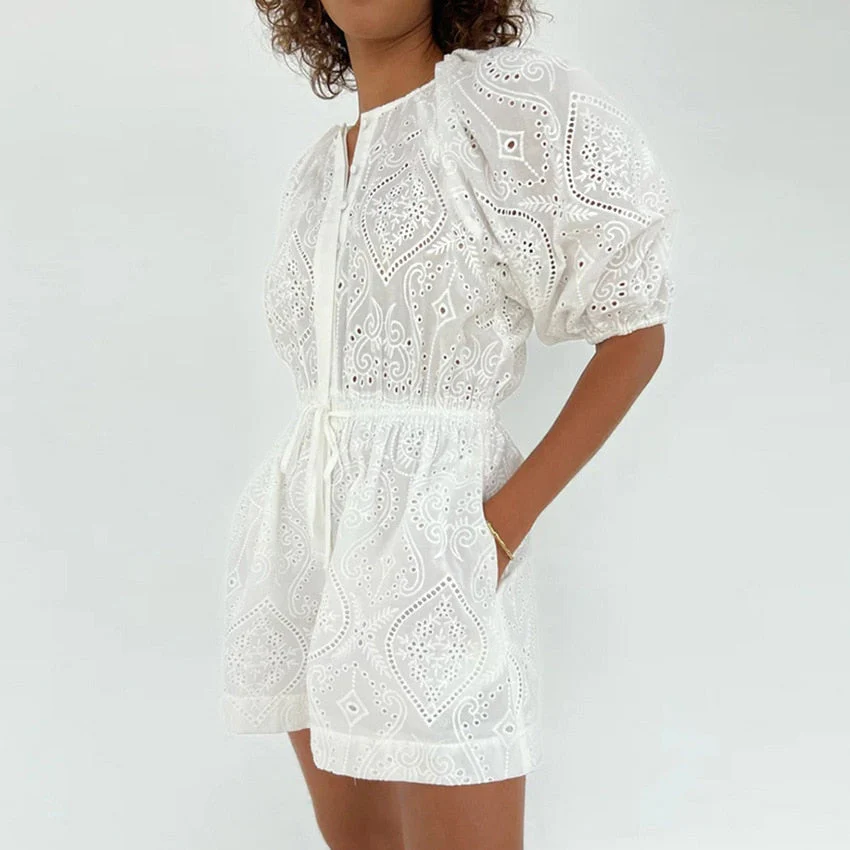 deanwangkt European and American fashion casual white Jacquard jumpsuit shorts women summer waist cotton bubble sleeve jumpsuit - Deanwangkt