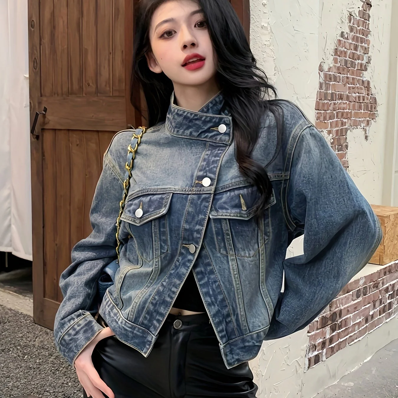 Long Sleeves Lapel Denim Coat, Flap Pockets Single Breasted Button Versatile Denim Jacket, Women's Denim Clothing - Deanwangkt