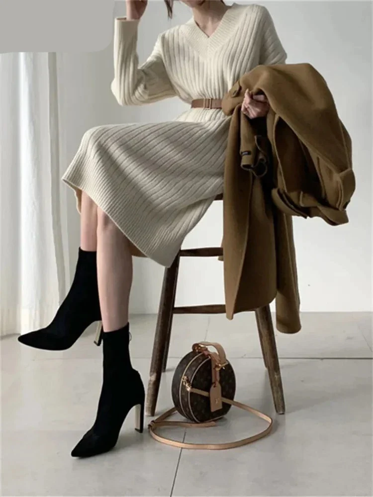 deanwangkt Midi Sweater Dresses Women Autumn Winter V Neck Long Sleeve Warm Elegant Long Casual Loose Ladies Harajuku Dress - Deanwangkt