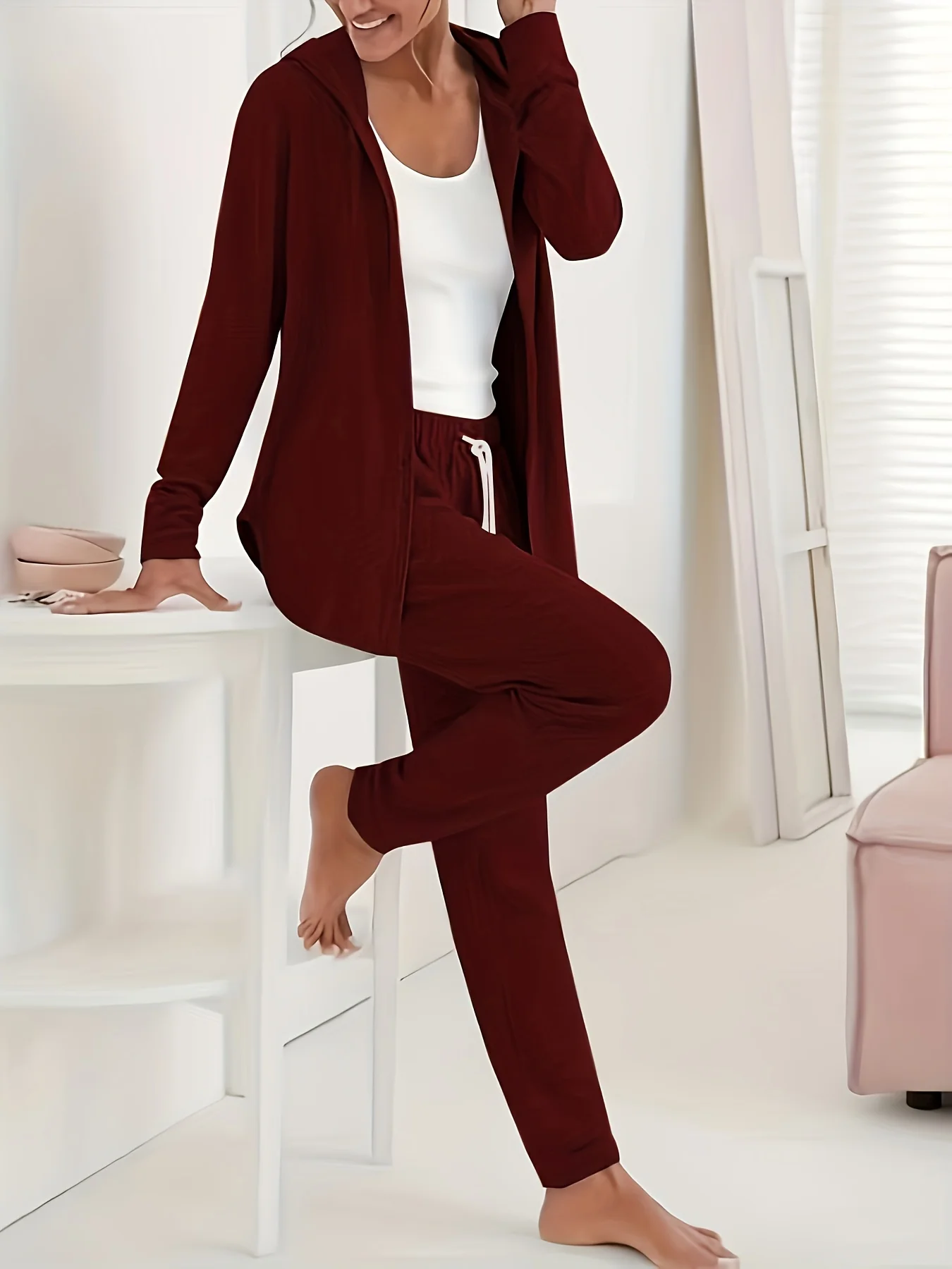 deanwangkt-1  Solid Casual Two-piece Set, Zip Up Hooded Long Sleeve Tops & Drawstring Long Length Pants Outfits, Women's Clothing - Deanwangkt