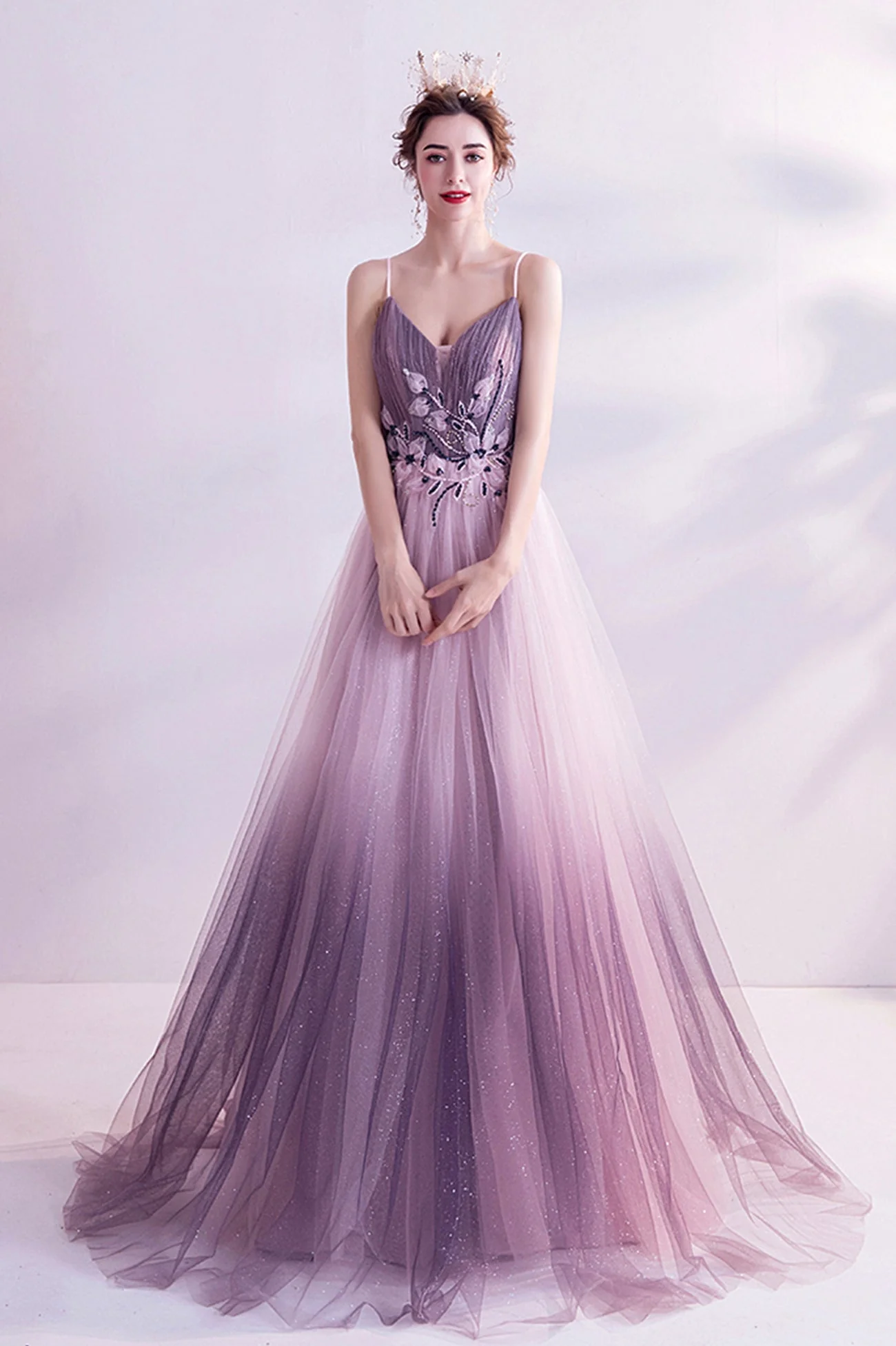 solvbao Purple Tulle Sequins Long Prom Dresses, A-Line Evening Dresses - Deanwangkt