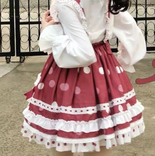 JSK Lolita Dress Victorian Princess Polka Dot Red Kawaii Sleeveless Strap Soft Girly Baby Doll Dresses Kawaii Clothing - Deanwangkt