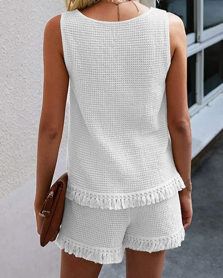 deanwangkt Solid Tassel Two Piece Set For Women  Summer Casual Sleeveless Tank Top And Shorts Suit Elegant Women Beach 2 Piece Outfit - Deanwangkt