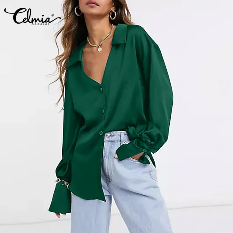 Women Satin Elegant Shirts  Fashion Long Sleeve Solid Tops Autumn Ladies Casual Lapel Collar Button Party Blouses - Deanwangkt