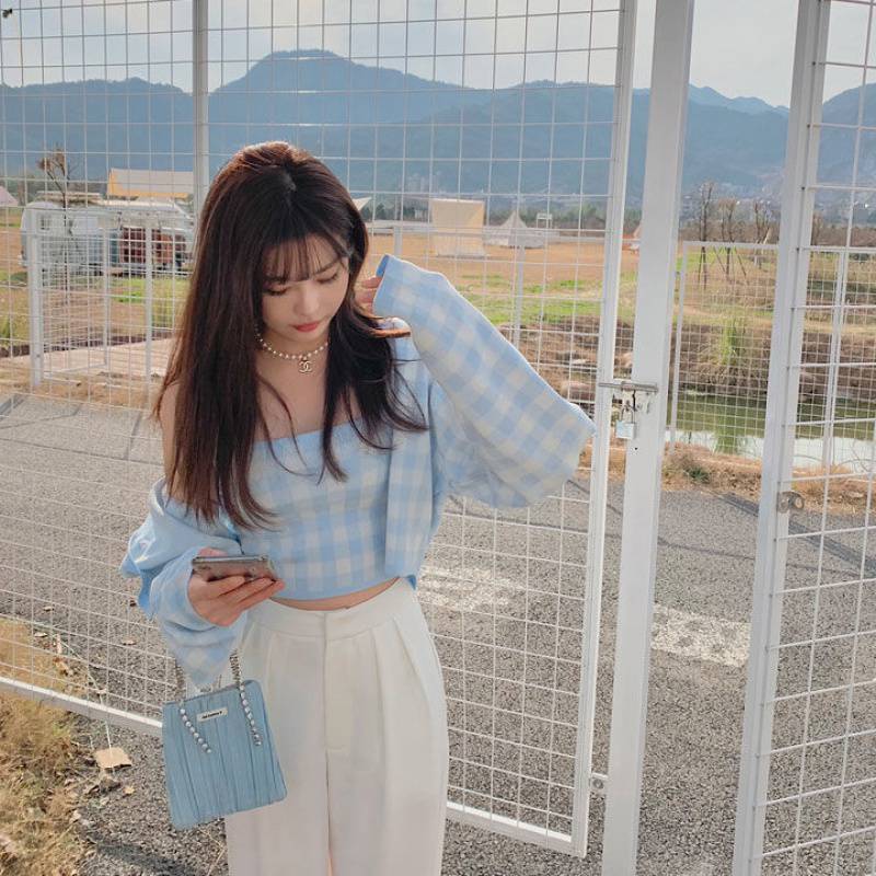 deanwangkt Vintage Sweet Plaid Kintted 2 Piece Sets Women Spring Autumn Single Breasted Long Sleeve Sweater Coat+Elastic Slim Sexy Crop Top - Deanwangkt