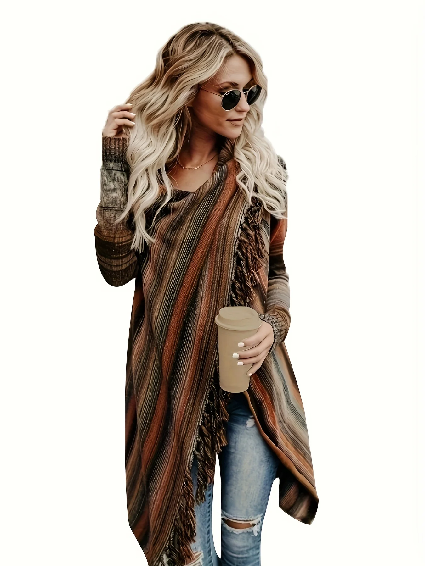 Striped Open Front Knit Shawl Cardigan, Elegant Tassel Trim Asymmetrical Mid Length Stylish Sweater, Women's Clothing - Deanwangkt