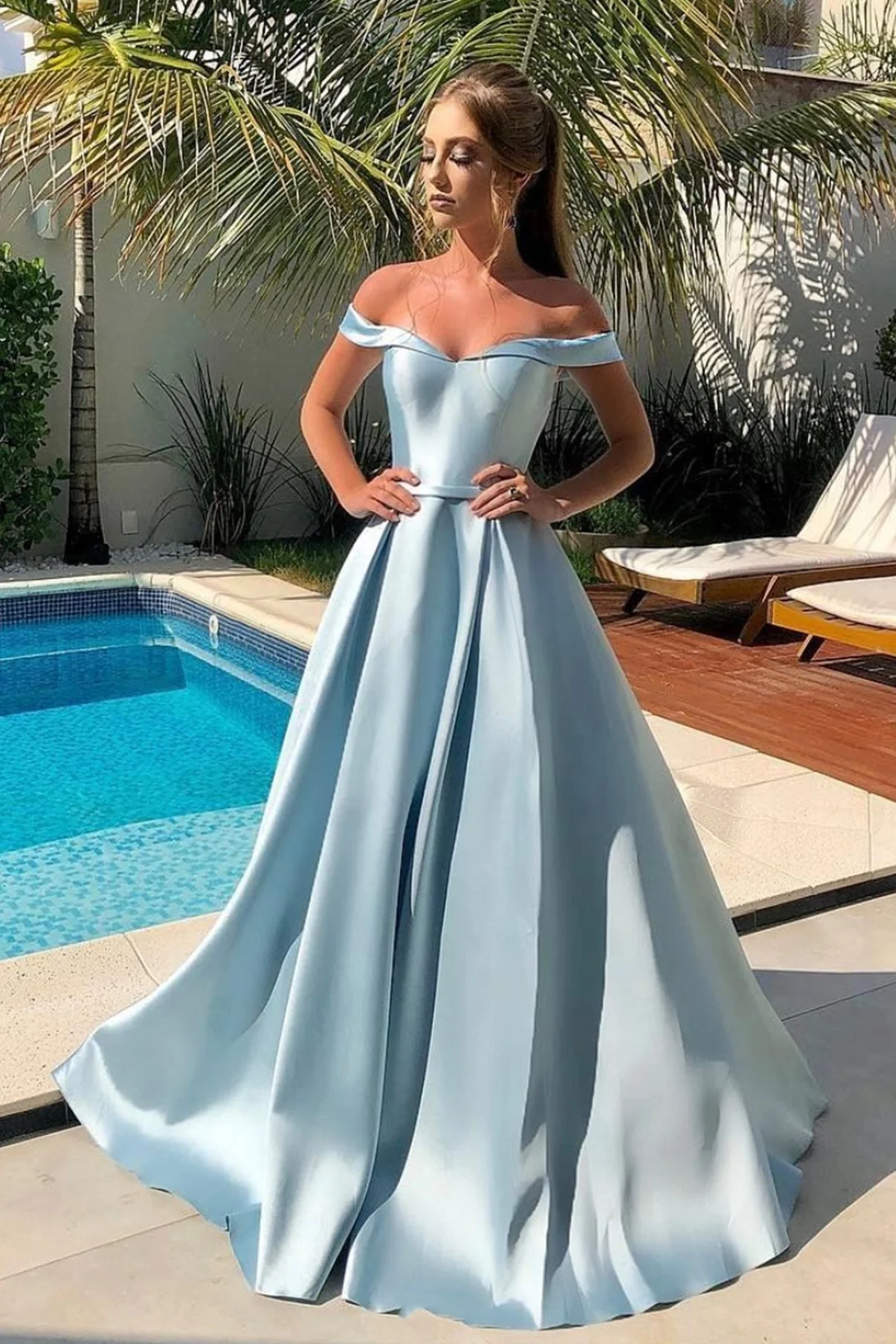 solvbao Blue Satin Long Prom Dresses, Off the Shoulder Evening Dresses - Deanwangkt