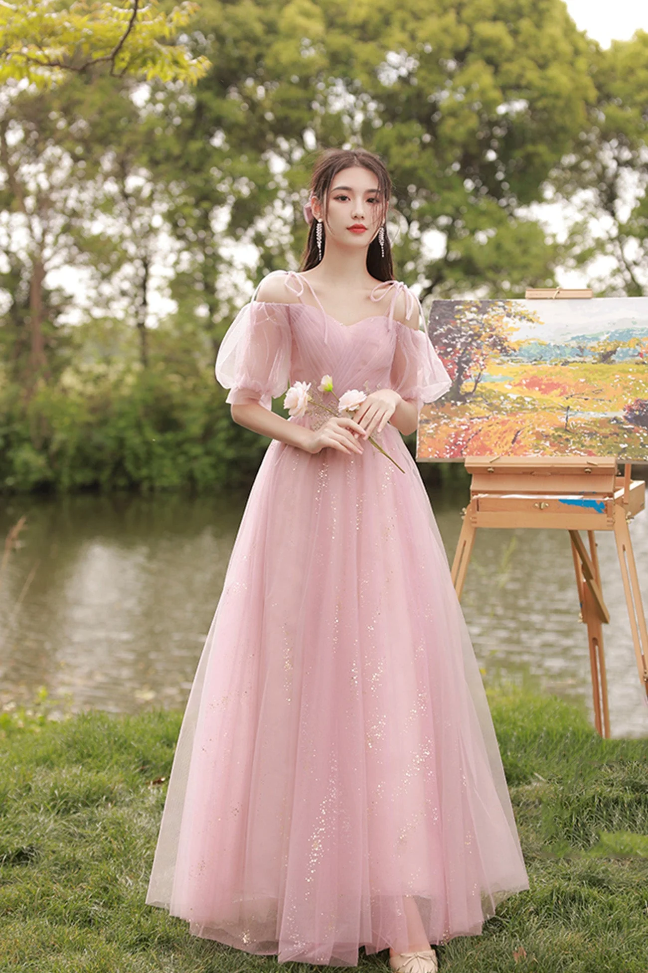 solvbao Pink Tulle Long Prom Dresses, A-Line Bridesmaid Dresses - Deanwangkt
