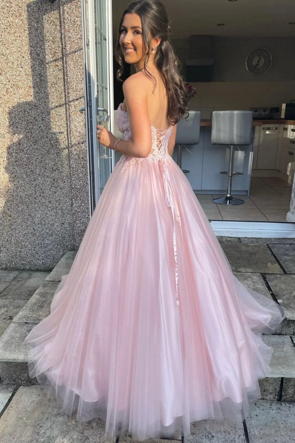 solvbao Pink Strapless Lace Long Prom Dresses, A-Line Evening Dresses - Deanwangkt