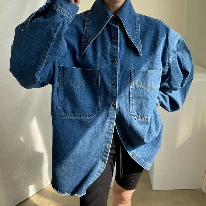 deanwangkt Female Denim Shirt Autumn Korean Retro Chic Pointed Collar Single-Breasted Loose Large Pockets Washed Blue Blouses - Deanwangkt