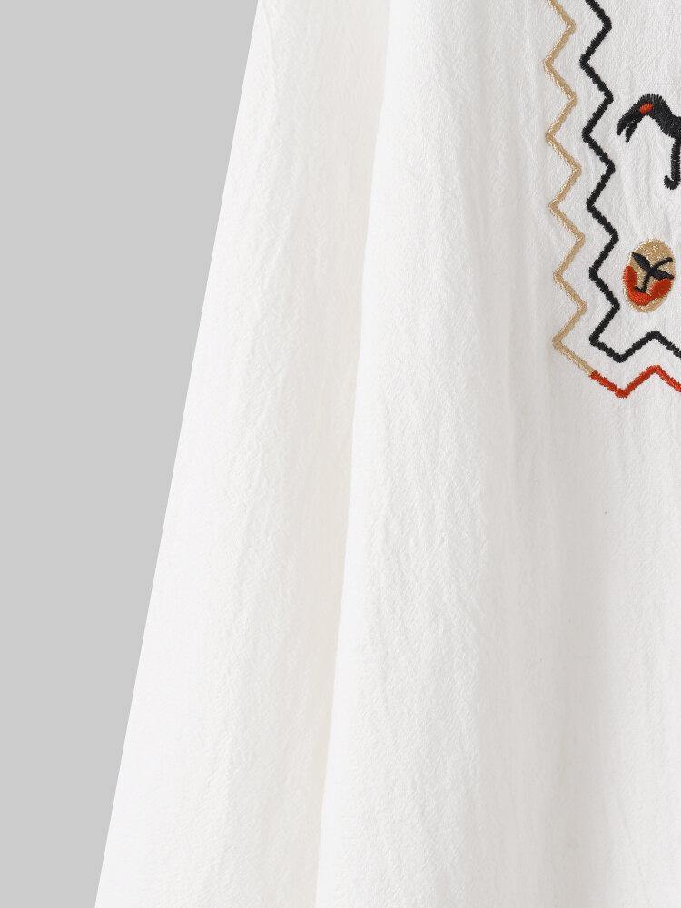 deanwangkt Women White Lapel Ethnic Embroidery Daily Casual Long Sleeve Shirts - Deanwangkt