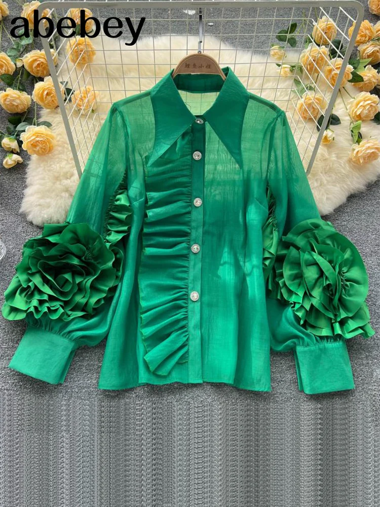 deanwangkt Ruffle Trim Shirt For Women Lapel Lantern Sleeve Loose Solid Button Through Blouse Female Fashion Clothing - Deanwangkt