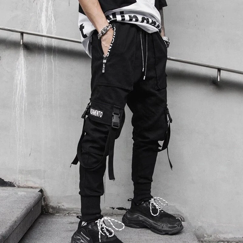 DEANWANGKT Mens Vintage Hip Hop Style Baggy Jeans Joggers Cargo Pants For Men Casual Hip Hop Hit Color Pocket Male Trousers Sweatpants Streetwear Ribbons Techwear Pants - Deanwangkt