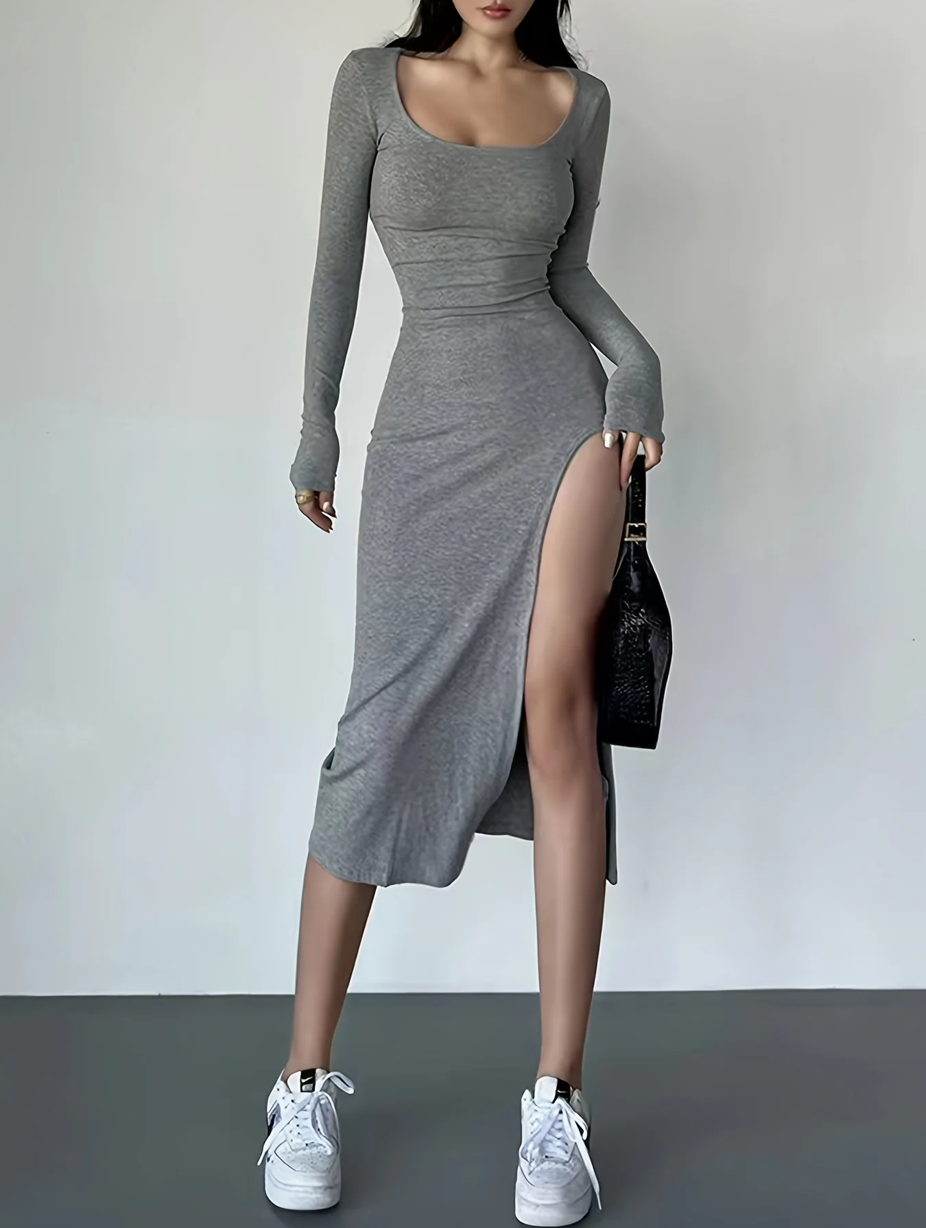 deanwangkt-1  Solid Crew Neck Dress, Y2K Long Sleeve Split Bodycon Dress, Women's Clothing - Deanwangkt