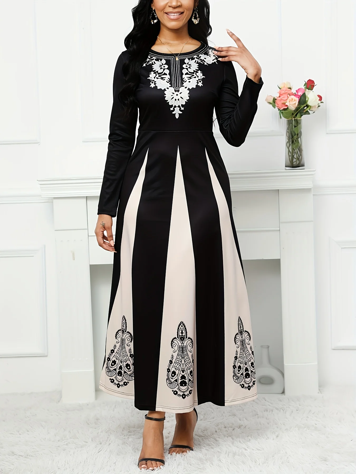 Color Block Maxi Dress, Elegant Crew Neck Long Sleeve Dress, Women's Clothing - Deanwangkt