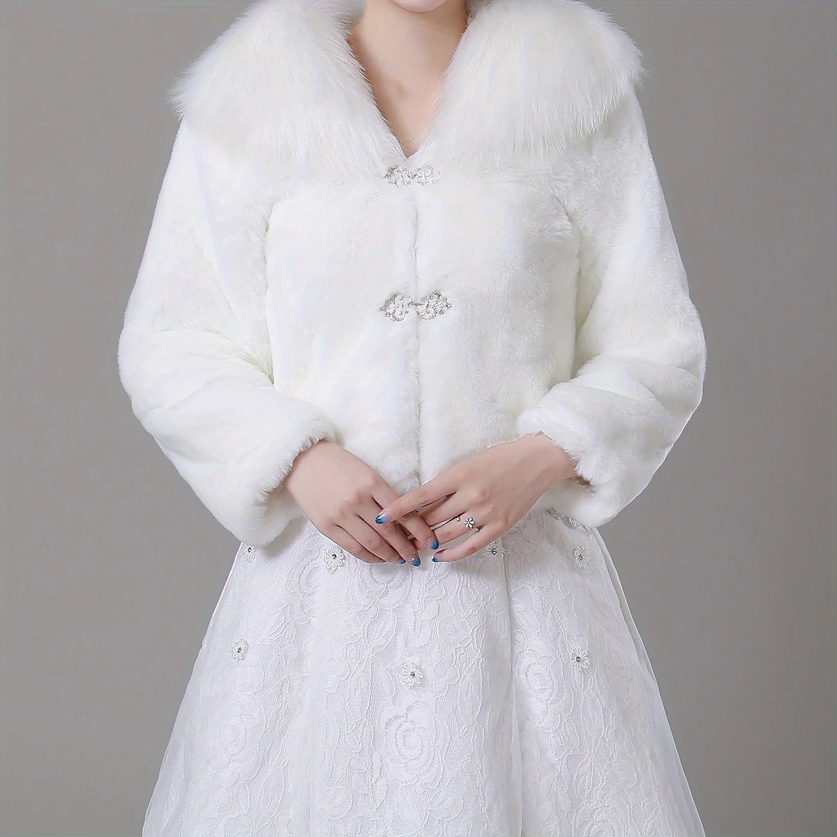 deanwangkt White Faux Fur Shawl Plush Collar Wrap Elegant Long Sleeve Bride Cape Decorative Windproof Warm Cardigan For Women - Deanwangkt