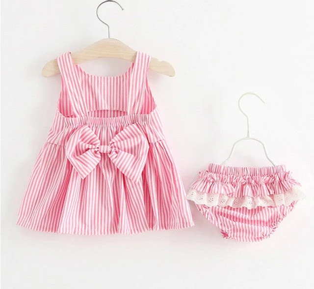 deanwangkt NEW Newborn Baby Girls Clothes Sleeveless Dress+Briefs 2PCS Outfits Set Striped Printed Cute Clothing Sets Summer Sunsuit 0-24M - Deanwangkt