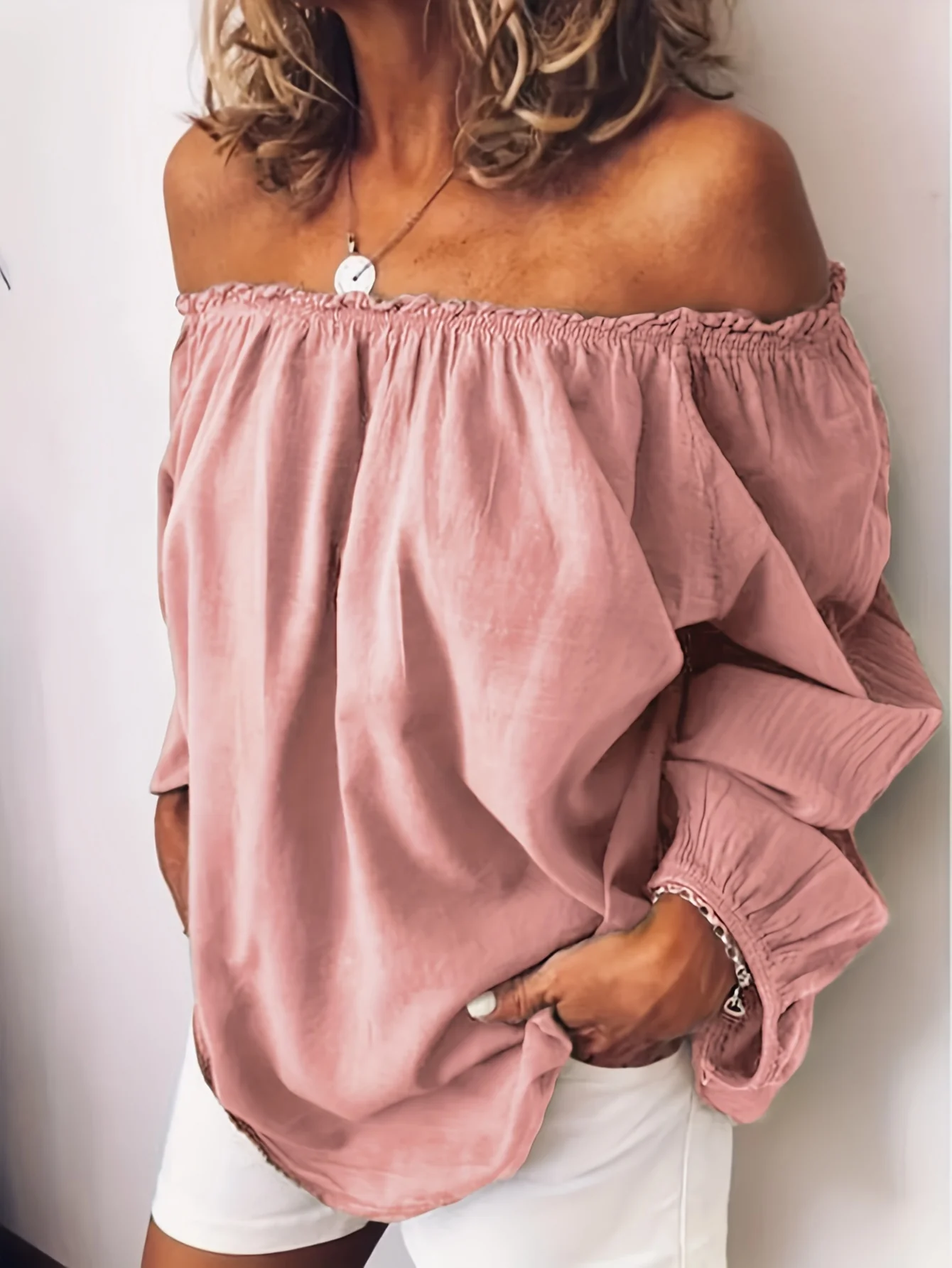 Solid Ruffle Trim Blouse, Casual Loose Long Sleeve Blouse For Spring & Fall, Women's Clothing - Deanwangkt