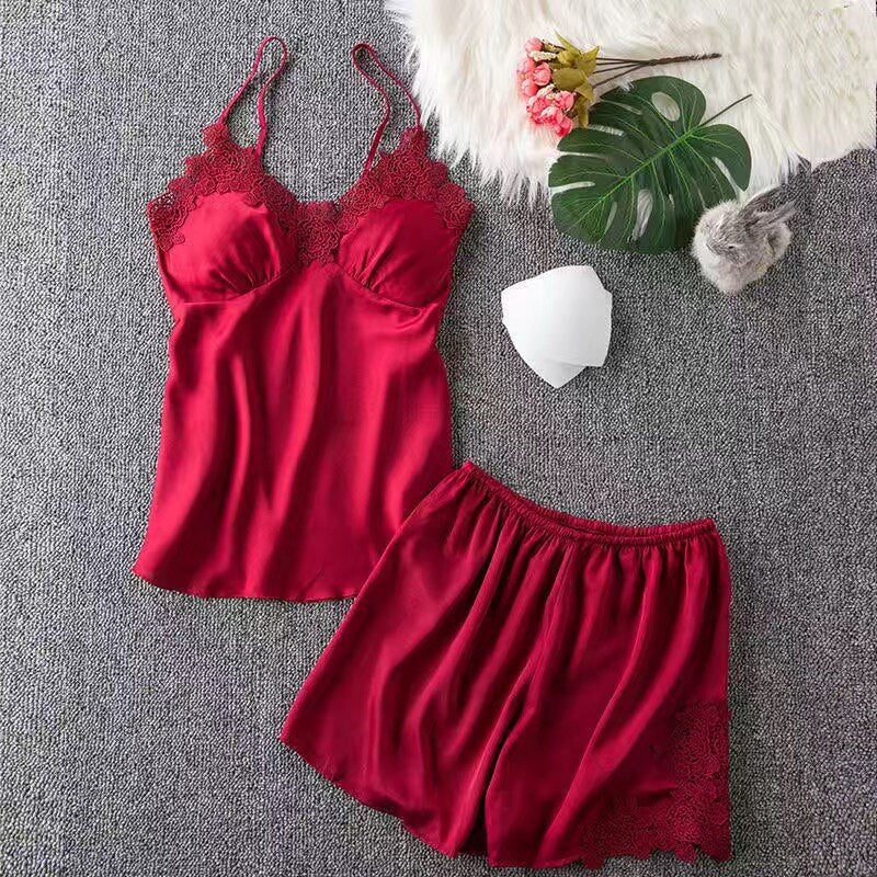 5PCS Robe Sleep Suit Pajamas Set Sexy Lace Stain Red Pajamas Women Silk Pyjamas Dressing Gown Summer Robe Sleepwear Chest Pads - Deanwangkt