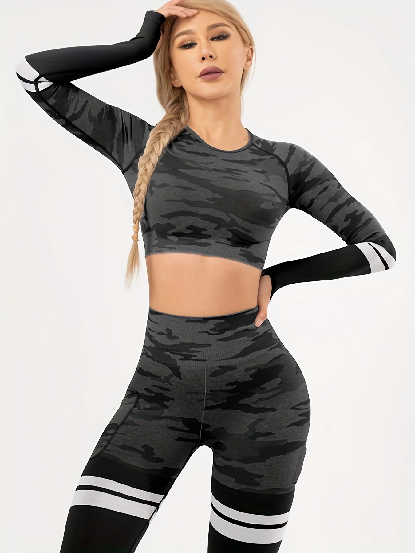 deanwangkt-1 2pcs Camouflage Pattern Yoga Sports Sets, Fashion Striped Detail Long Sleeve Crop Top & High Waist Workout Fitness Running Leggings Outfits, Women's Activewear - Deanwangkt