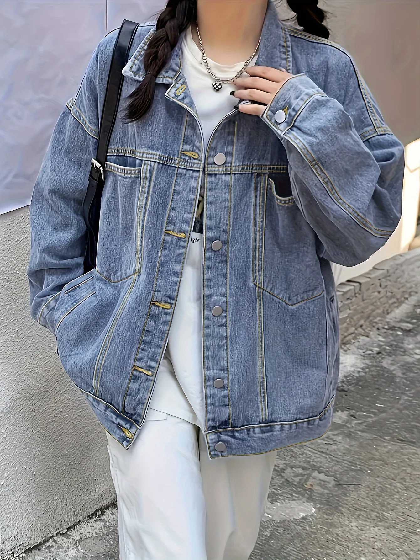 deanwangkt-1  Plain Loose Fit Denim Jackets, Patch Pockets Long Sleeves Lapel Versatile Denim Coats, Women's Denim Clothing - Deanwangkt